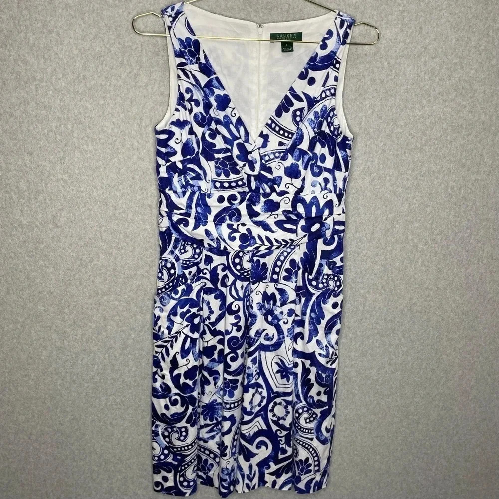 Lauren Ralph Lauren Empire Waist Dress V Neck Blue Floral Printed
